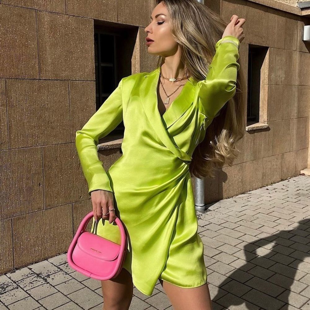 Zara Wrap Satin Dress Lime New